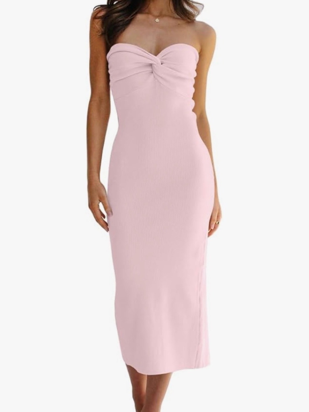 Strapless Twist-Front Bodycon Midi Dress in Light Pink